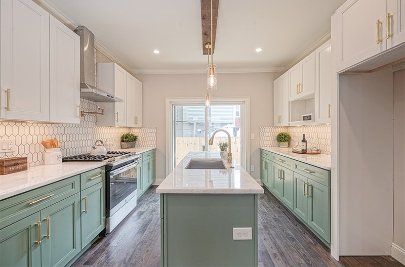 white and green kitchen cabinet